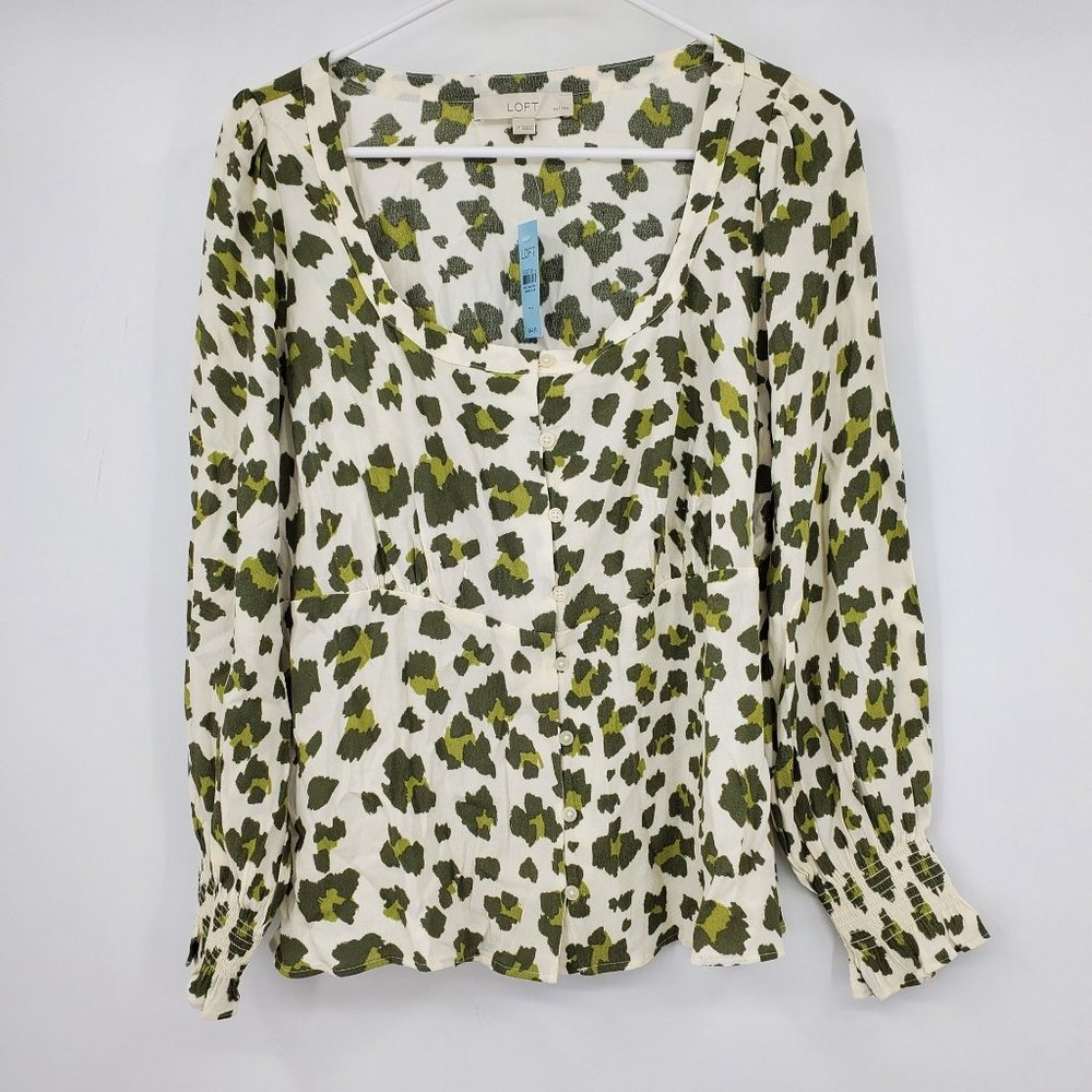 NWT Loft Ann Taylor Cheetah Print Smocked Cuff Square Neck Blouse L Petite